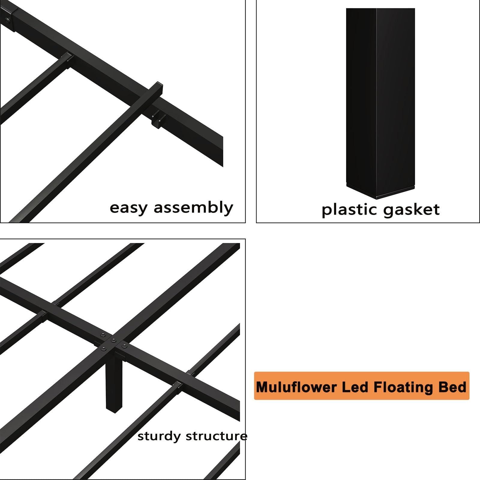 Muluflower King Size Floating Bed Frame with LED Lights and Convenient Charging Station - WoodArtSupply