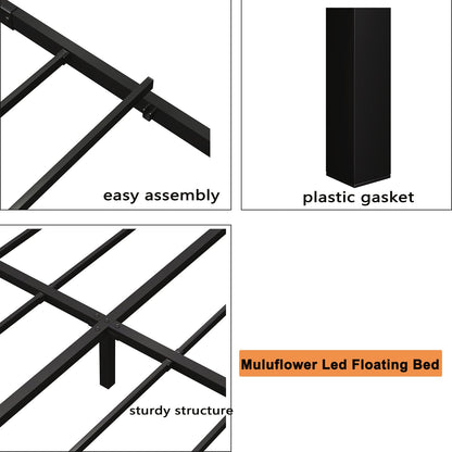 Muluflower King Size Floating Bed Frame with LED Lights and Convenient Charging Station - WoodArtSupply