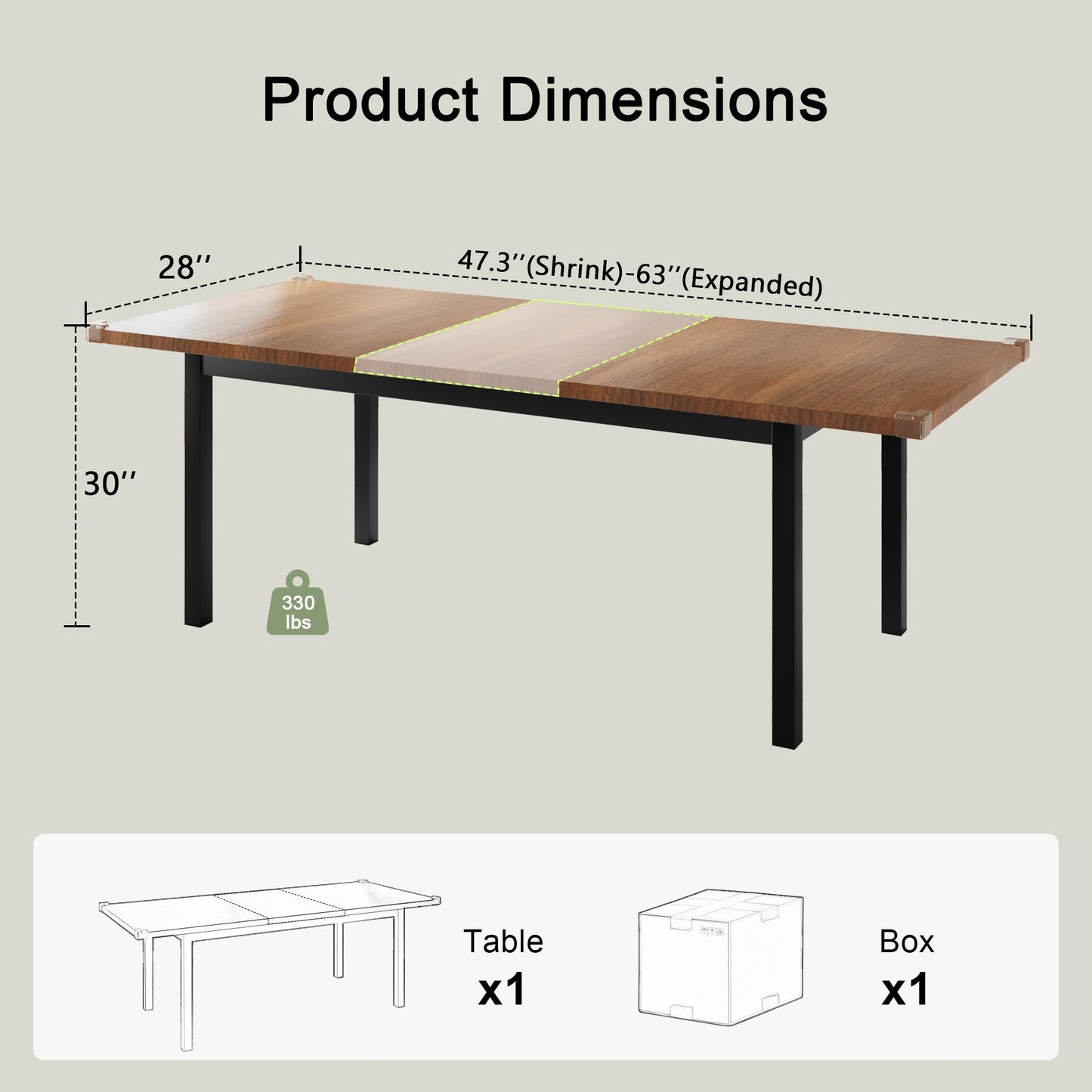 Feonase 63" Extendable Dining Table, Modern Farmhouse Dining Room Table for 4-8, Wooden Kitchen Table for Small Space, Dining Room, Home Office, Living Room Furniture, Walnut - WoodArtSupply