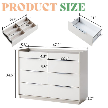 AMERLIFE 47.2" 8 Drawer Dresser with LED Light, Modern High Gloss Chest of Drawers with Glass Tabletop & 2 Six-Grid Jewelry Drawers, for Bedroom, Living Room, Dressing Room, Cream & Grey AMERLIFE