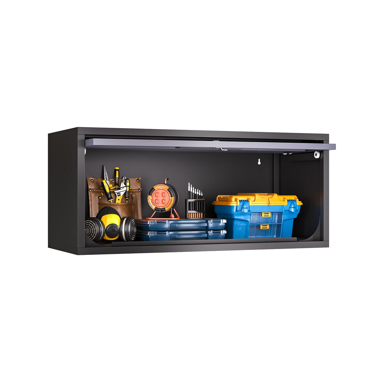 AFAIF Metal Wall Storage Cabinet, Wall-Mounted Garage Cabinet with Up-Flip Doors, Steel Small Floating Cabinets with Lock for Garage, Bathroom, Kitchen, Black and Grey AFAIF