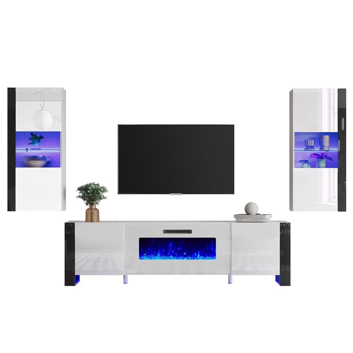 AMERLIFE 3 Piece Modern Wall Unit Entertainment Center Set, High Gloss 70" Fireplace TV Stand with 36" Electric Fireplace, 2 LED Wall Cabinets with Storage for Living Room, White AMERLIFE