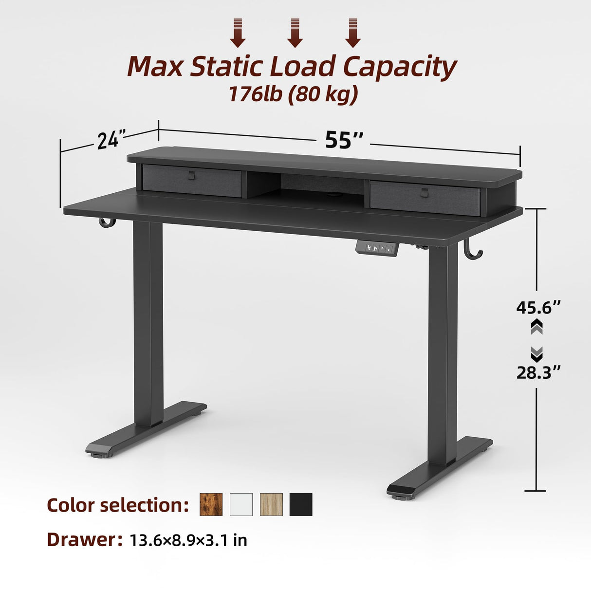 TIQLAB 48 * 24 Inch Standing Desk with Two Drawers, Stand Up Desk Adjustable Height, Electric Sit Stand Table with Storage Shelf and Splice Board, Black TIQLAB