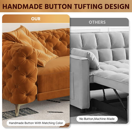 Tabaray 97.7'' Pull Out Sofa Bed King, Chesterfield Velvet Sleeper Sofa, Convertible L-Shaped Futon Couch, Tufted Back, Ottoman, Deep Seat Loveseat Couches for Living Room, Apartment, Orange Tabaray