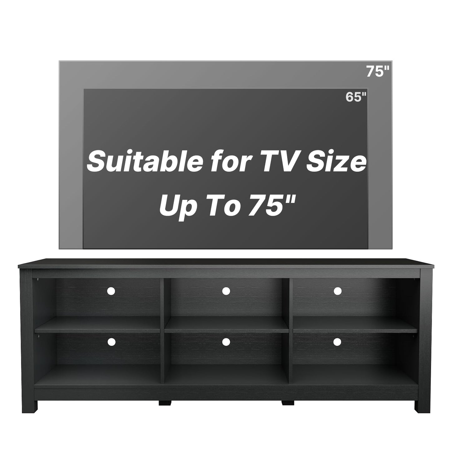 BVIUNTWO Black TV Stand for TVs up to 70 Inch,Entertainment Center for 65+ inch TV Console Table with 6 Storage Cubby, Classic Television Stands for Living Room Bedroom, 65 Inch