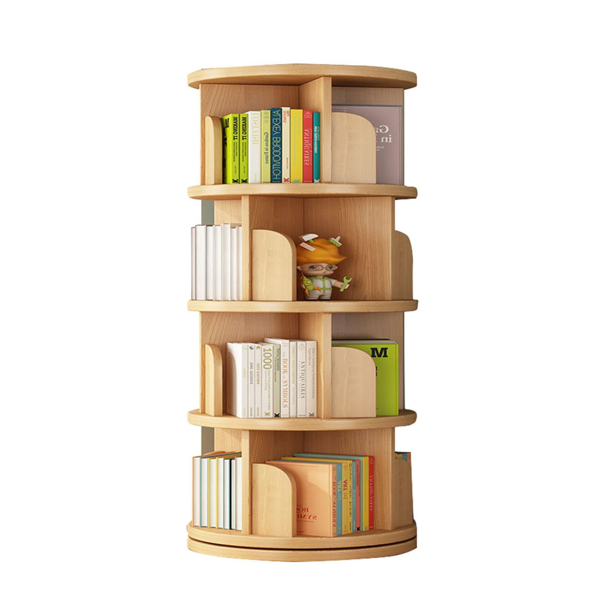 4-Tier Rotating Wooden Bookshelf Organizer for Kids and Adults - Solid Wood Display Rack for Any Room TNUEEIO