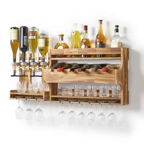 lulusowill Wood Wine Rack Wall Mounted, Liquor Bottle Display Shelf for The Home Bar,Wine and Liquor Wall Rack with Glass Holder,Rustic Bar Shelves with 4-Bottle Whiskey Liquor Dispenser lulusowill