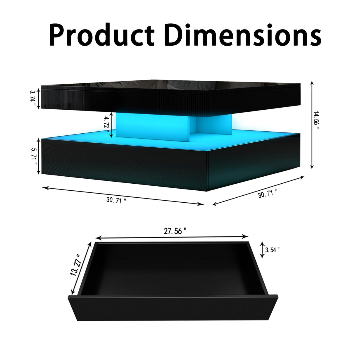 Black Coffee Table Square with LED Lights, High Glossy Center Table with Storage, Lighted Cocktail Table with Sliding Drawers, Modern Mid Century Table for Living Room, Home and Office Generic