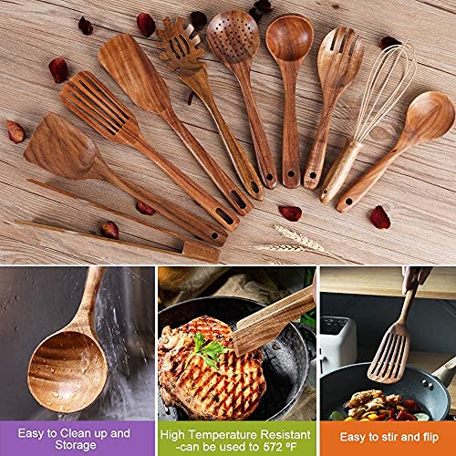 Natural Teak Wood Kitchen Utensils with Spatula and Ladle (10) - WoodArtSupply