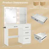 CHARMAID Vanity Desk with Mirror and Lights, White Makeup Vanity Desk with 4 Large Drawers, 2 Storage Shelves, Charging Station, 3-Color Lights Adjustable, Modern Vanity Dressing Table for Bedroom CHARMAID