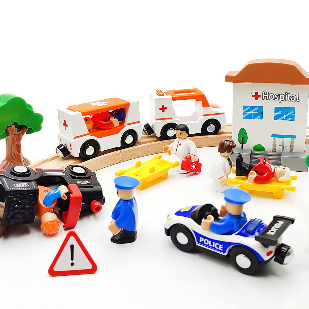 Magnetic Trains Cars Playset Wooden Train Track Accessories Station Wagon Train Set for Toddlers 3-5 Wooden Train Sets for Boys Girls Ages 3-4-7 (Ambulance B (with Light and Sound)) DSHMIXIA