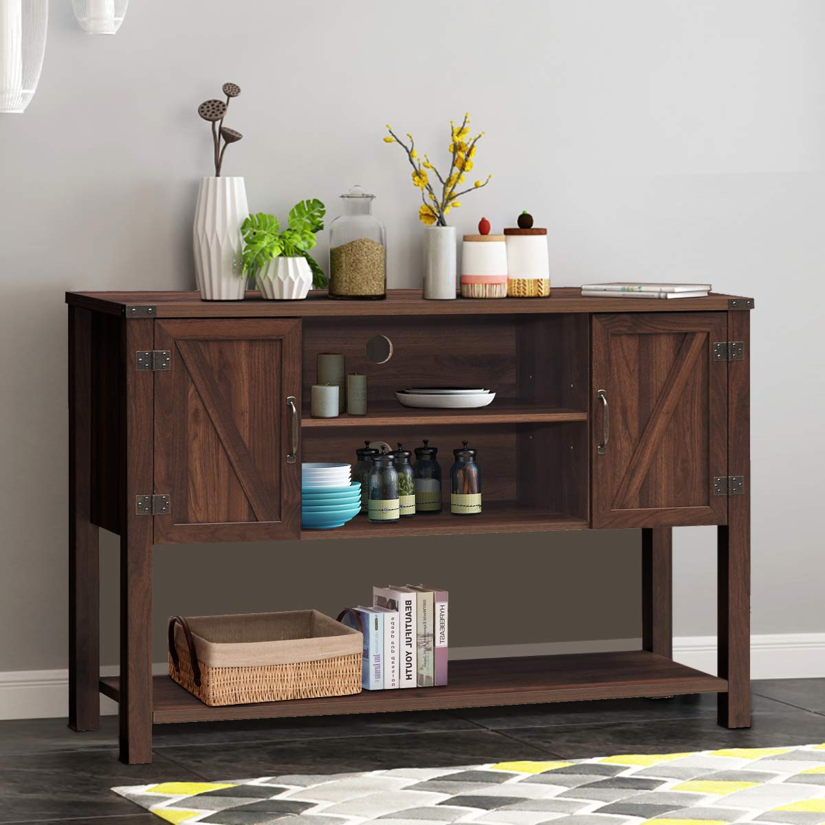 Tangkula Console Table Buffet Table, Modern Sideboard with Storage Cabinets and Bottom Shelf, Contemporary Tall Buffet Storage Cabinet, Kitchen Dining Room Furniture (Brown) - WoodArtSupply