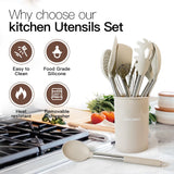 Kitchen Utensils Set-Silicone Cooking Utensils-33pcs Non-Stick Silicone Cooking Kitchen Utensils Spatula Set with Holder-Best Kitchen Cookware with Stainless Steel Handle (Khaki) BESTZMWK