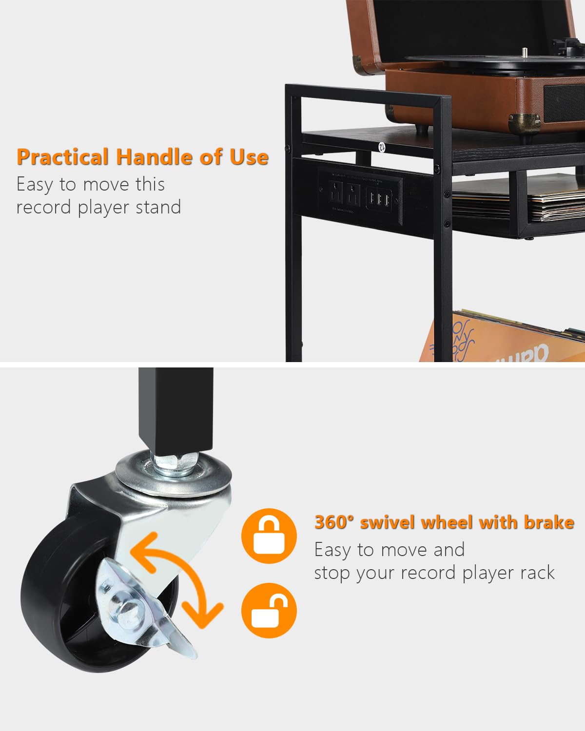 MOOACE Record Player Stand, Vinyl Storage Cabinet, Turntable Stand with Charging Station, Record Holder, Album Shelf, Nightstand, 2 Tier End Table on Wheels for Bedroom and Living Room, Black MOOACE