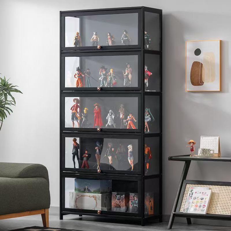 qeknxks Display Cabinet with Acrylic Doors, 5-Tier Bamboo Curio Display Cabinet, Display Cases for Figurine, Toy Organizers Rack & Display Shelf, Kids Bookcase for Home Office, Playroom, Living Room qeknxks