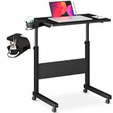 Klvied Standing Desk Adjustable Height, Stand Up Desk with Cup Holder, Portable Laptop Desk, Mobile, Small Computer Desk, Bedside Table, Black Rolling Desk, Work Desk for Home Office Klvied