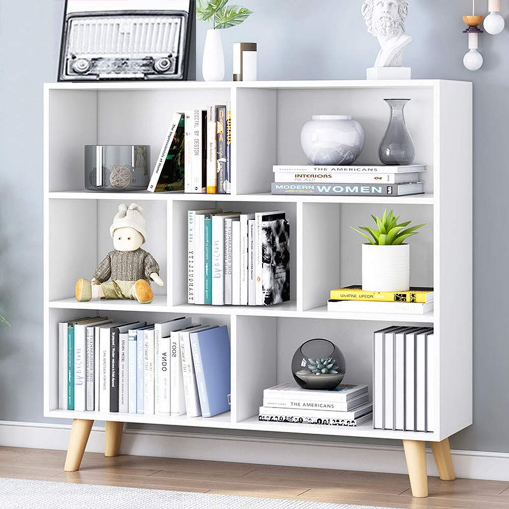IOTXY Wooden Open Shelf Bookcase - 3-Tier Floorstanding Display Cabinet Rack with Legs, 7 Cubes Free Standing Bookshelf, Warm White IOTXY