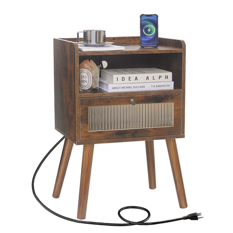 AWASEN Mid Century Night Stand with Charging Station, Wood Bedside Table with Glass Drawer, Small Modern Nightstand End Side Table with 2 Tiers Storage for Bedroom, Office(Rustic Brown) AWASEN