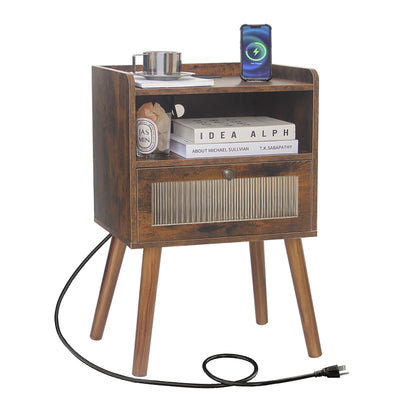 AWASEN Mid Century Night Stand with Charging Station, Wood Bedside Table with Glass Drawer, Small Modern Nightstand End Side Table with 2 Tiers Storage for Bedroom, Office(Rustic Brown)