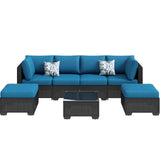 U-MAX 7 Piece Outdoor Patio Furniture Set, PE Rattan Outdoor Wicker Sectional Furniture Chair Set with Cushions and Tea Table, Black Rattan and Peacock Blue Cushion U-MAX