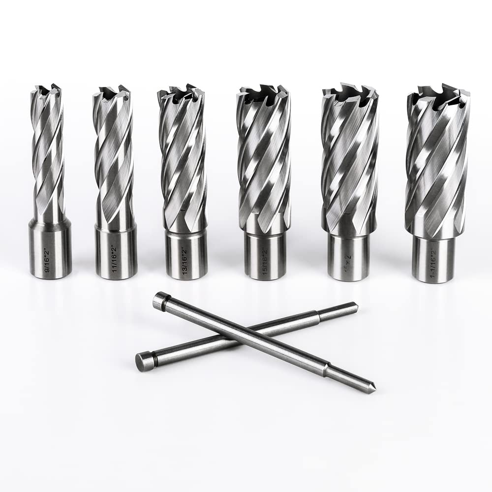 OSCARBIDE Annular Cutter Set 8 Pieces, 3/4"Weldon Shank,2"Cutting Depth,(9/16,11/16,13/16,15/16,1,1-1/16) inch Cutting Diameter,Mag Drill Bits for Magnetic Drill Press with 2pcs Pilot Pins OSCARBIDE