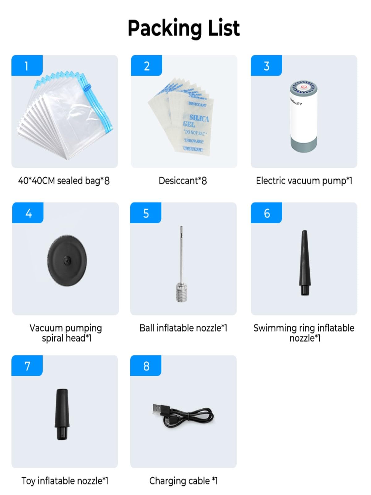 Creality Filament Vacuum Storage Kit, Premium Cleaning Drying Sealed 8 Storage Bags with Automatic Pump/Desiccants, 3D Filament Dryer for 3D Printer Filament(15.75x15.75 inch for 1kg Spool) Creality