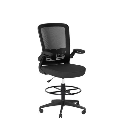 POWERSTONE Drafting Chair, Ergonomic Tall Office Chair Stool Standing Desk Chair with High Back and Flip-up Armrests Adjustable Rolling Workbench Stool with Footrest (Black 1 pcs) - WoodArtSupply