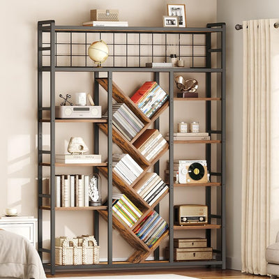RALGEND Triple 7-Tier Bookshelf, Industrial Large Bookcase with 20 Open Display Shelves, Modern Tree Bookcase with Metal Frame and Hanging Function for Living Room, Home Office, Rustic Brown and Black