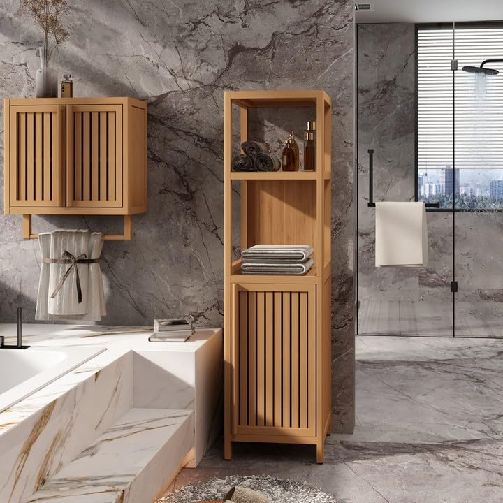 JUSTHERE Bathroom Storage Cabinet, Bamboo Bathroom Cabinet with Doors and 3 Shelves, Freestanding Bathroom Storage, Bamboo Furniture Bathroom Organizers and Storage