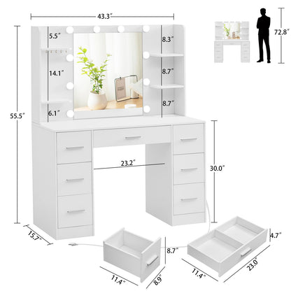 Quimoo Large Vanity Desk with LED Lighted Mirror & Power Outlet,Makeup Vanity Table with 7 Drawers,4 Shelves and 5 Hooks,Vanity Table, Vanity Desk Set for Bedroom,Bathroom,White - WoodArtSupply