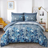 Anibedding Blue Comforter Set Queen Size 7 Piece Navy Botanical Gradient Leaves Ultra Soft Microfiber Down Alternative Bedding Set Lightweight Reversible Bed Comforter Set for All Season 90" x 90" Anibedding