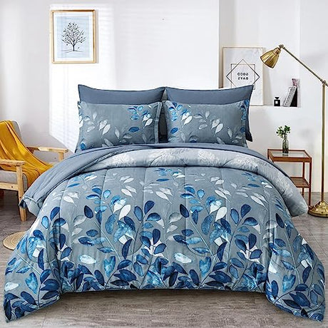 Anibedding Blue Comforter Set Queen Size 7 Piece Navy Botanical Gradient Leaves Ultra Soft Microfiber Down Alternative Bedding Set Lightweight Reversible Bed Comforter Set for All Season 90" x 90" Anibedding