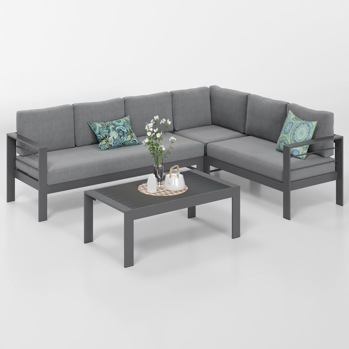 Solaste Aluminum Patio Furniture Set, Metal Patio Sectional Sofa with Imitation Wood Tabletop Coffee Table, Modern Outdoor Furniture Couch with Water-Resistant Cushion for Balcony Backyard, Grey Solaste