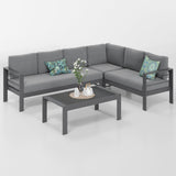 Solaste Aluminum Patio Furniture Set, Metal Patio Sectional Sofa with Imitation Wood Tabletop Coffee Table, Modern Outdoor Furniture Couch with Water-Resistant Cushion for Balcony Backyard, Grey Solaste