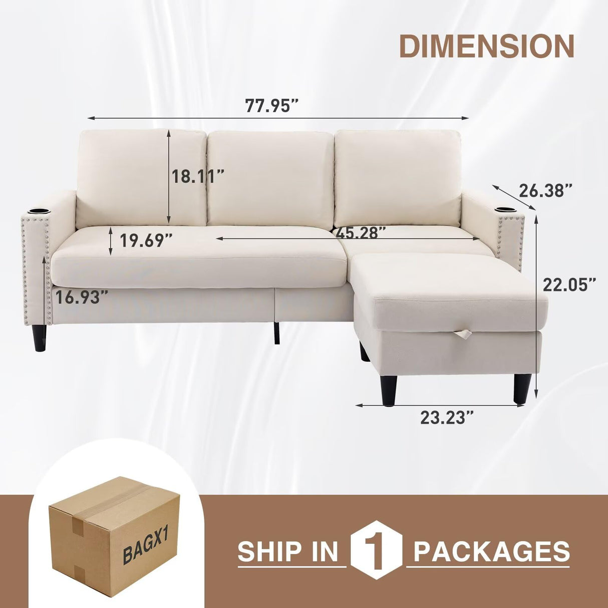 POYISOU Sectional Couches for Living Room, L Shaped Couch with Storage Ottoman, Small Sofa Comfy Couch with 2 Cup Holders, Modern 3 Seater Convertible Sofas for Apartment, Office, Beige POYISOU