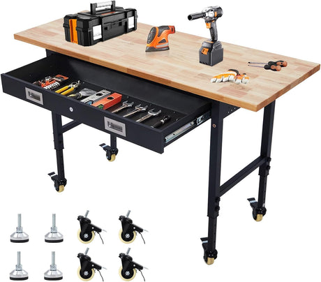 Adjustable Workbench with Drawer Storage 60" - Heavy Duty Rubber Wood Top Worktable, Rolling Workstation with Power Outlet & Lockable Wheels, 2000 Lb Capacity Hardwood Workbench for Garage, Workshop Euker