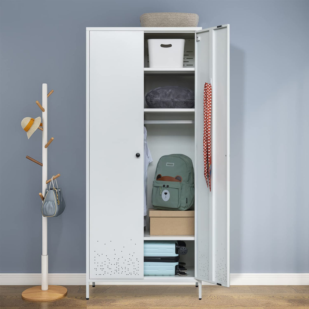 YEEZER Metal Wardrobe, Storage Cabinet with Hanging Rod，Armoire with Magnetic Door and 2 Freely Adjustable Shelves 74" H x 31.5" W x 20" D (White) YEEZER