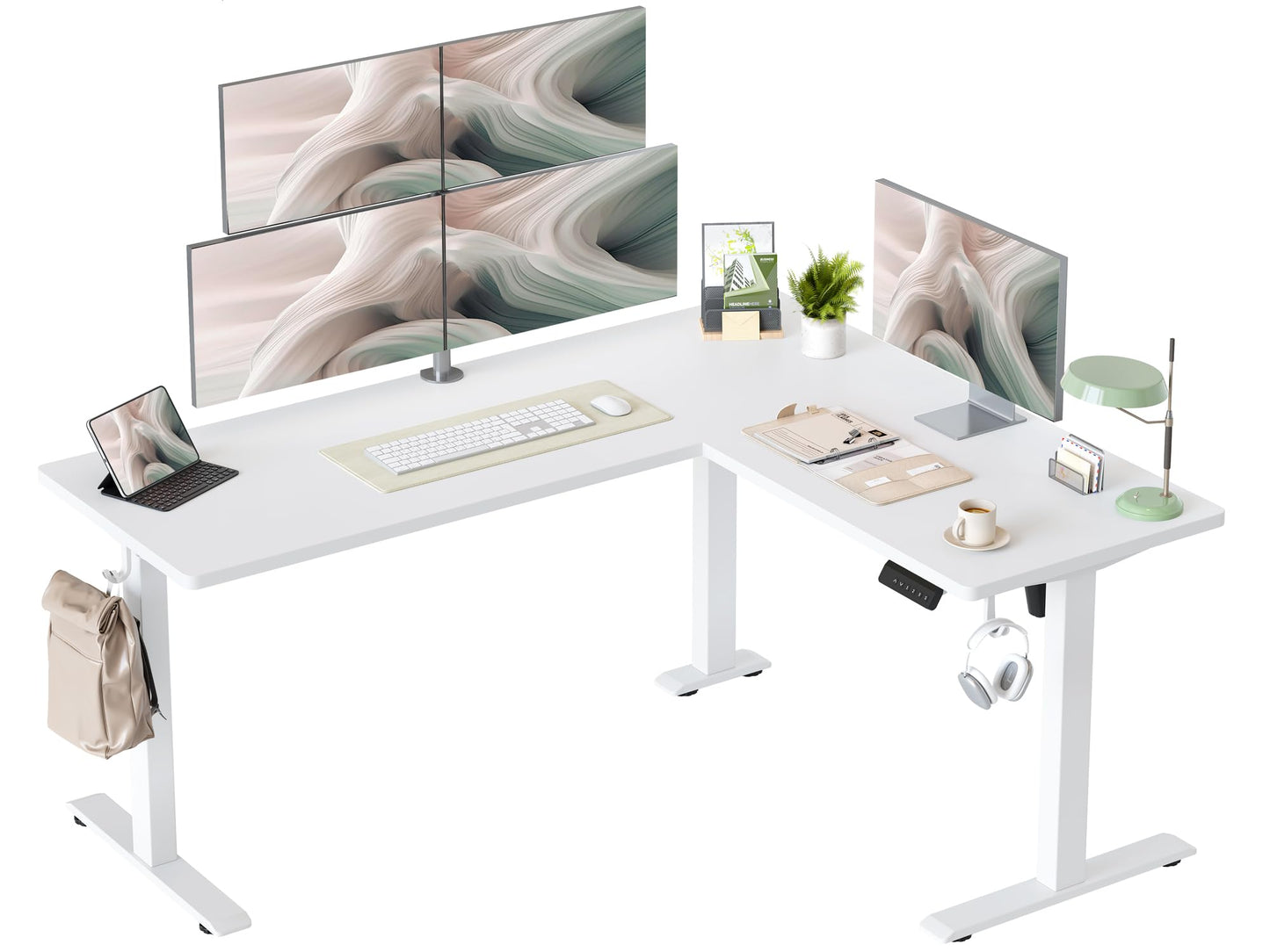 TIQLAB 63x55 Inch Standing Desk L Shaped, Adjustable Height Desk Electric Stand Up Desk, Corner Standing Desk with Casters, Sit Stand Desk with Splice Board, White