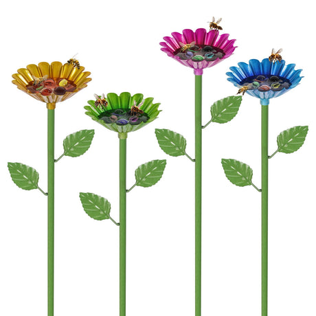 Asaleilipa Bee Watering Station, 4 Pack Metal Bee Cups for Garden, Bee Feeder for Thirsty Pollinators with 20 Glass Marbles, Butterfly Feeder Yard Decor, Outdoor Colorful Flower Design Asaleilipa