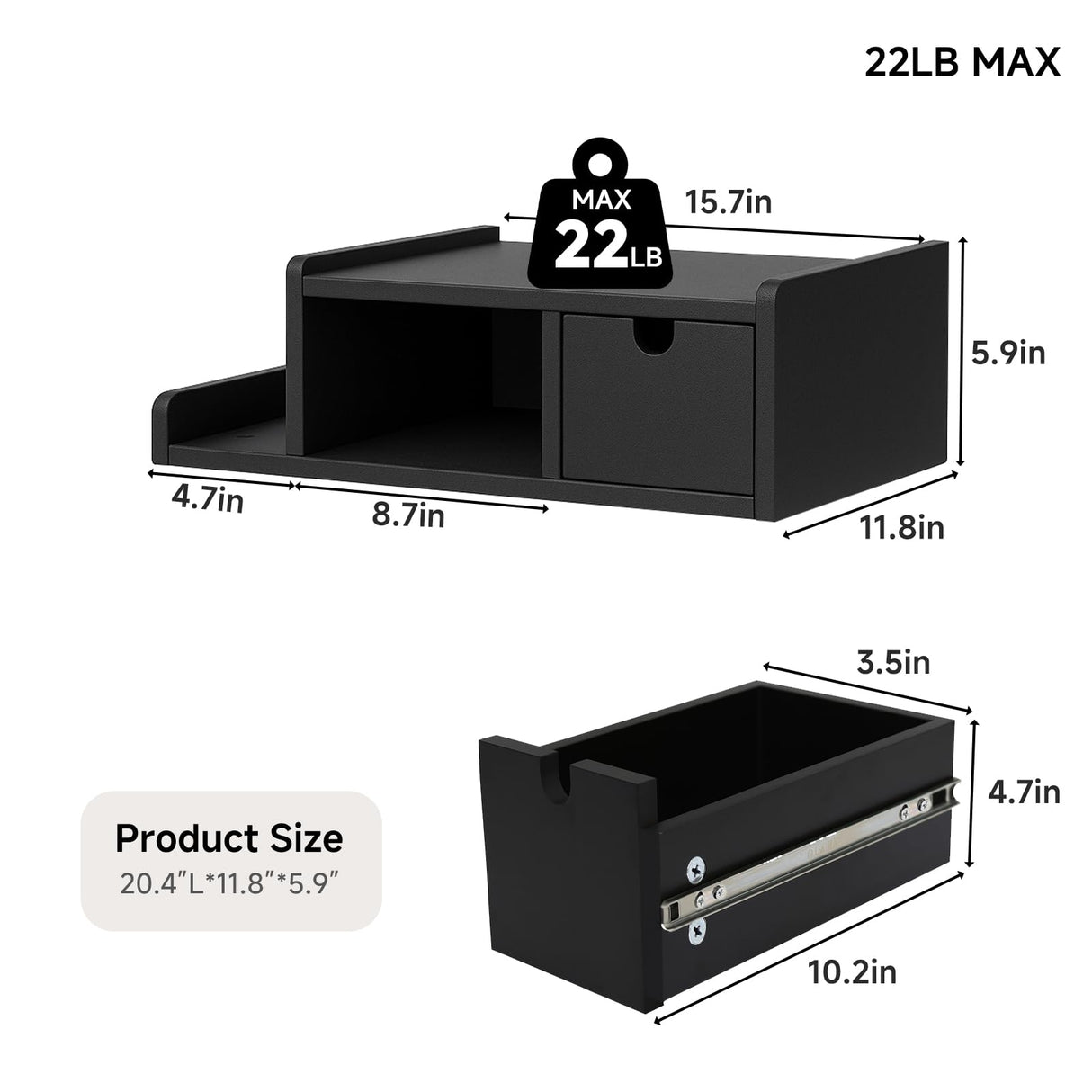 DongRong Floating Nightstand with Drawer & Shelf,Wall Mounted Bedside Table for Small Bedrooms,Modern Black End Table with Space Saving Design DongRong