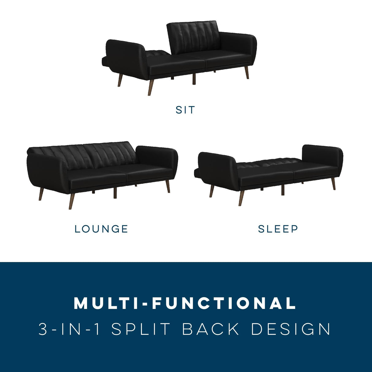 Novogratz Brittany 82 Inch Futon Sofa Bed in Faux Leather, Upholstered Couch Sleeper with Tufted Back, Mid-Century Modern, Black Novogratz