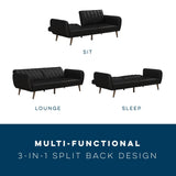 Novogratz Brittany 82 Inch Futon Sofa Bed in Faux Leather, Upholstered Couch Sleeper with Tufted Back, Mid-Century Modern, Black Novogratz