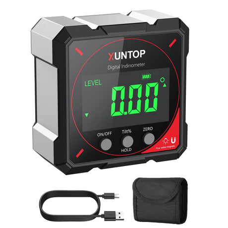 XUNTOP 4 * 90°Digital Angle Finder 4-side Strong Magnetic Digital Protractor with LCD Display, Type-C Rechargeable Level Box IP54 Waterproof Angle Measuring Tool for Woodworking, Construction and DIY XUNTOP
