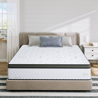 TXO King Size Mattress, 12 Inch Hybrid Mattress with Individual Pocketed Coil Springs and High Density Foam, Edge Support, Edge Support, Motion Isolation, Pressure Relief, Plush King Mattress in a Box