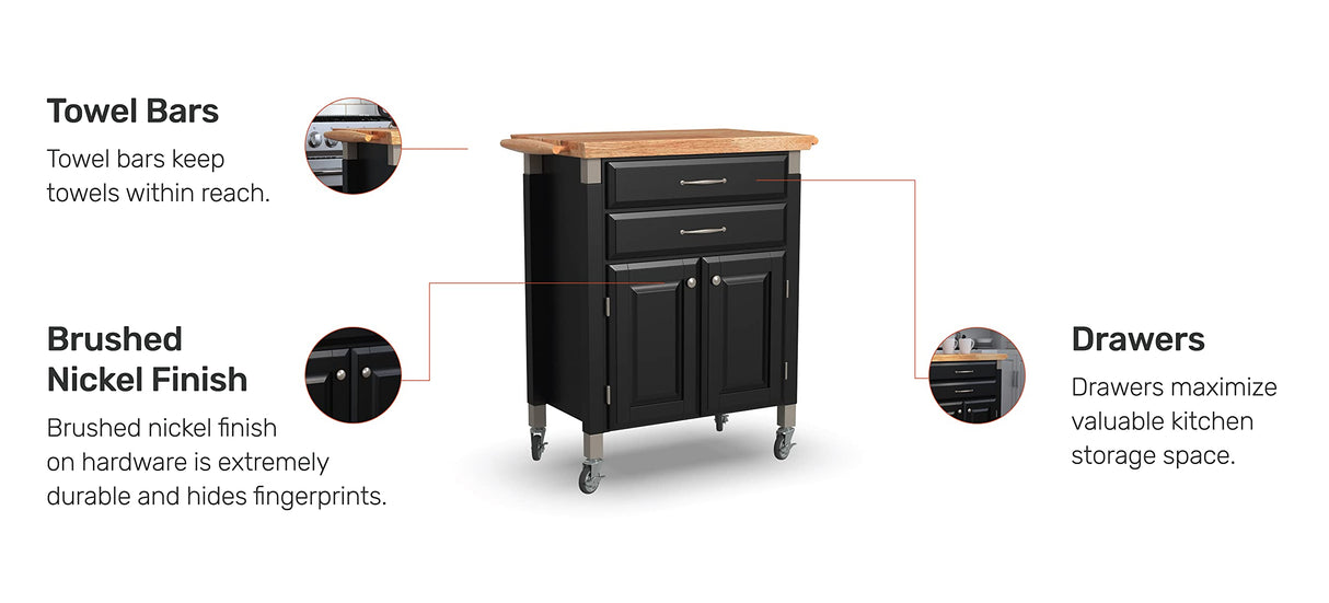 Home Styles Black Dolly Madison Prep and Serve Kitchen Cart with Natural Top, Locking Casters, Two Drawers, Two Storage Cabinets homestyles