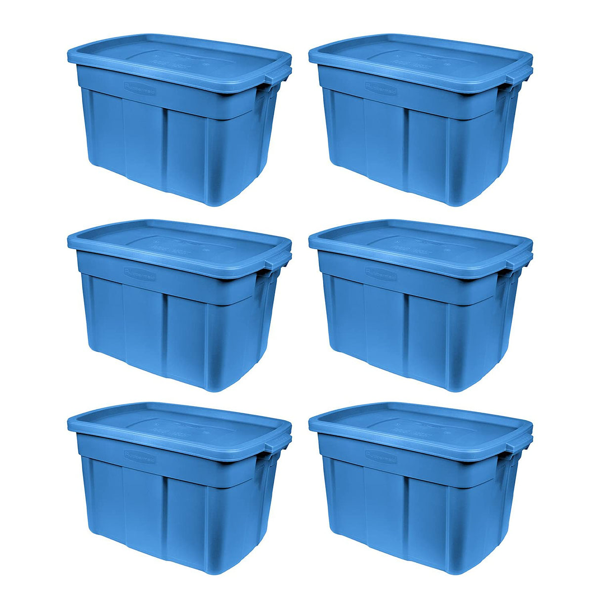 Rubbermaid Roughneck Tote 18 Gal, 6 Pack, Made in USA, Heritage Blue, Rugged Plastic Stackable Storage Bins with Lids and Handles Rubbermaid