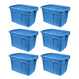 Rubbermaid Roughneck Tote 18 Gal, 6 Pack, Made in USA, Heritage Blue, Rugged Plastic Stackable Storage Bins with Lids and Handles Rubbermaid