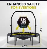 Tribes Foldable Mini Trampoline for Adults and Kids, Rebounder with Adjustable Bar and Nonslip Feet, 330lbs Max Capacity, Indoor Outdoor Fitness Equipment TRIBES