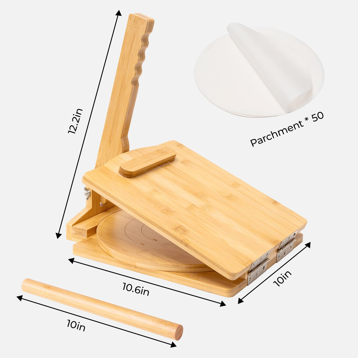2024 Upgraded Wooden Tortilla Press 10 Inches Rotatable 10" Wood Tortilla Press Maker, with Rolling Pin & 50 Pcs Parchment Paper, for Homemade Tortillera, Roti, Chapati, Taco, Pataconera, Burritos Vrouwengeld