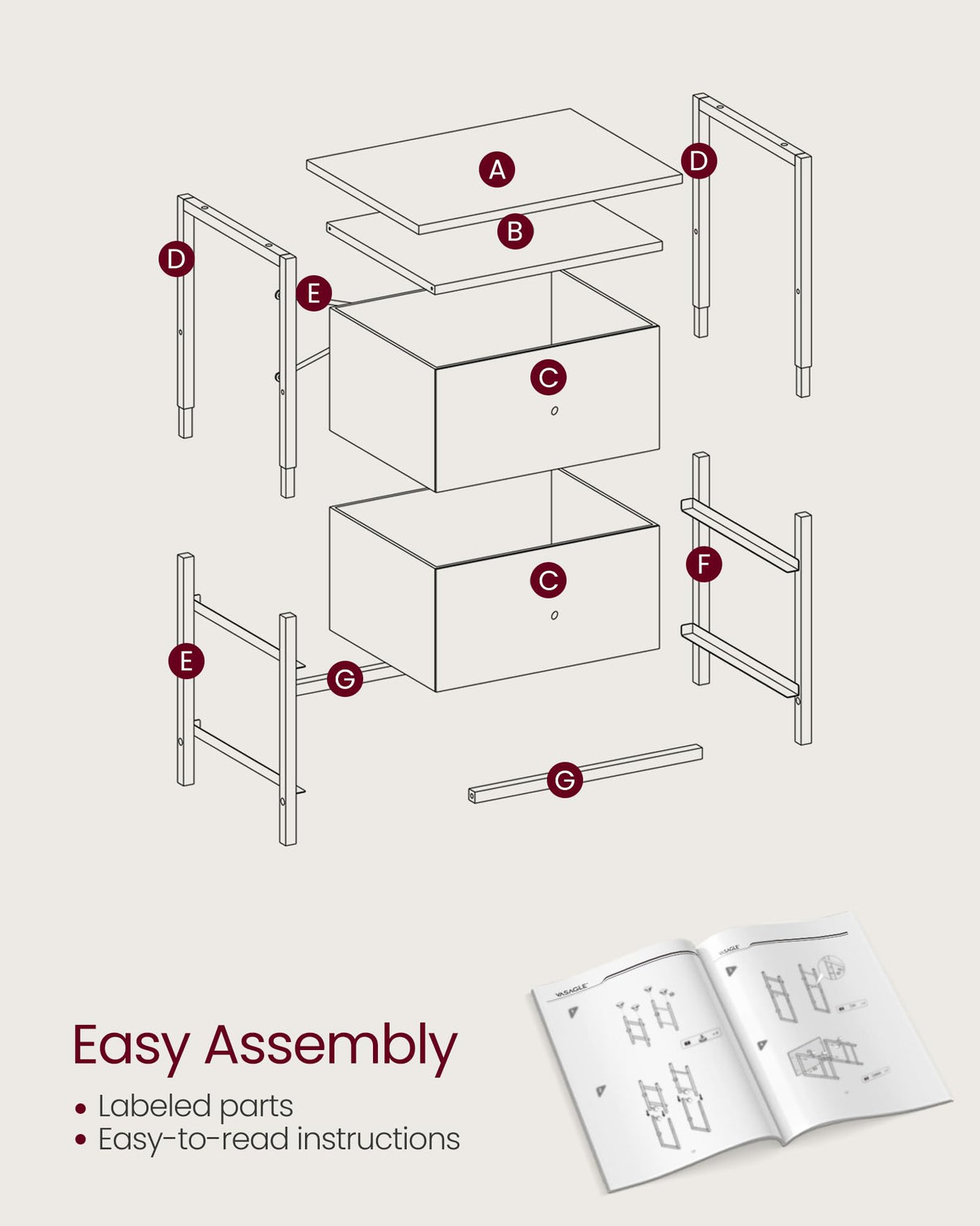 VASAGLE Nightstand, Side Table with 2 Fabric Drawers, 24-Inch Tall End Table with Storage Shelf, Bedroom, Jelly Pink and White ULGS025R05 VASAGLE